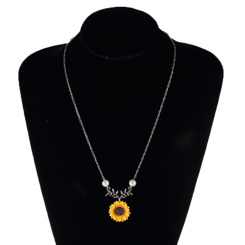 Sunflower pearl and leaf branch pendant necklace