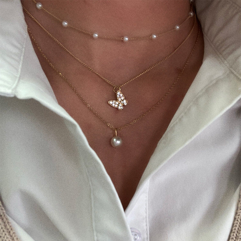 Multi-layer pearl full diamond butterfly necklace