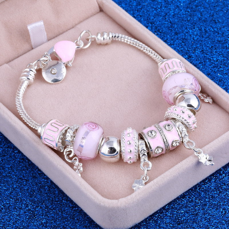 Fashion DIY Glass Beaded Alloy Four-leaf Clover Pendant Bracelet