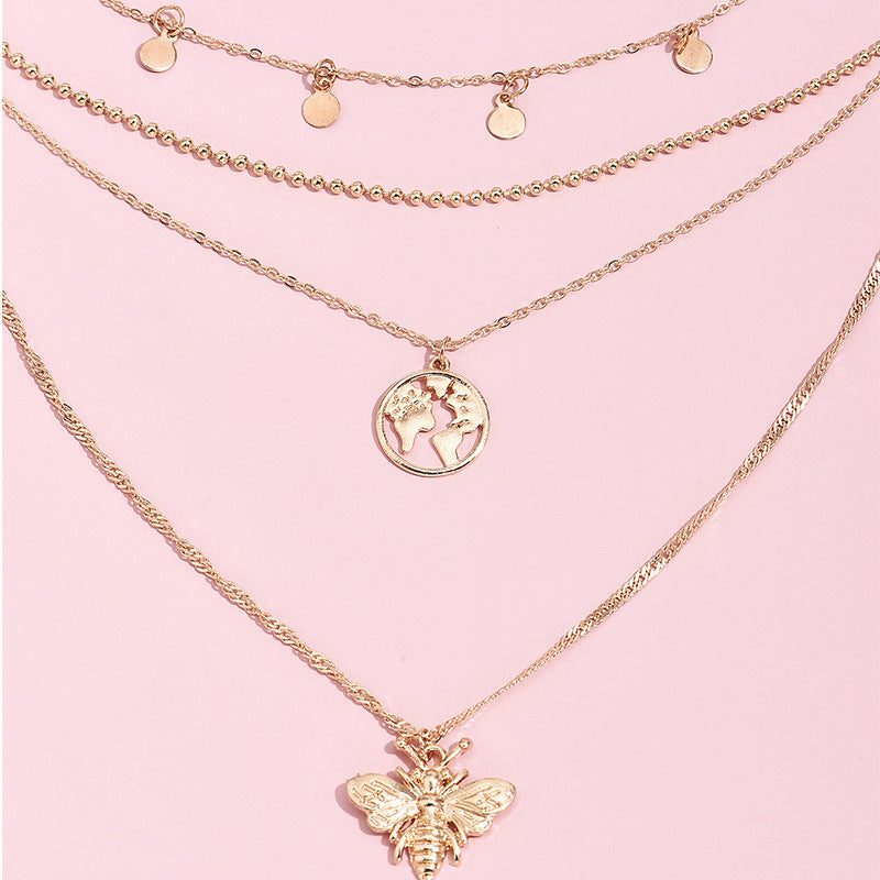 Round bee world map pendant multi-layer female