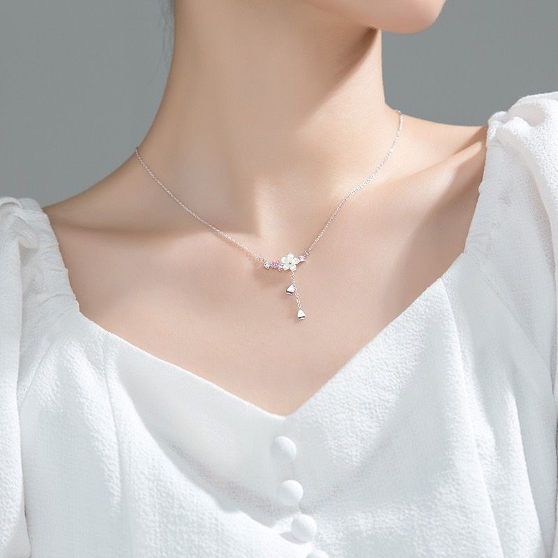 S925 Silver Korean Light Luxury Shell Flower with Love Flower Tassel Diamond Clavicle Chain