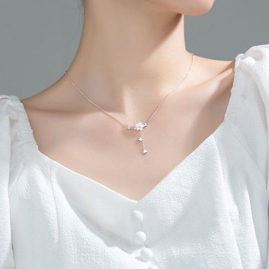 S925 Silver Korean Light Luxury Shell Flower with Love Flower Tassel Diamond Clavicle Chain
