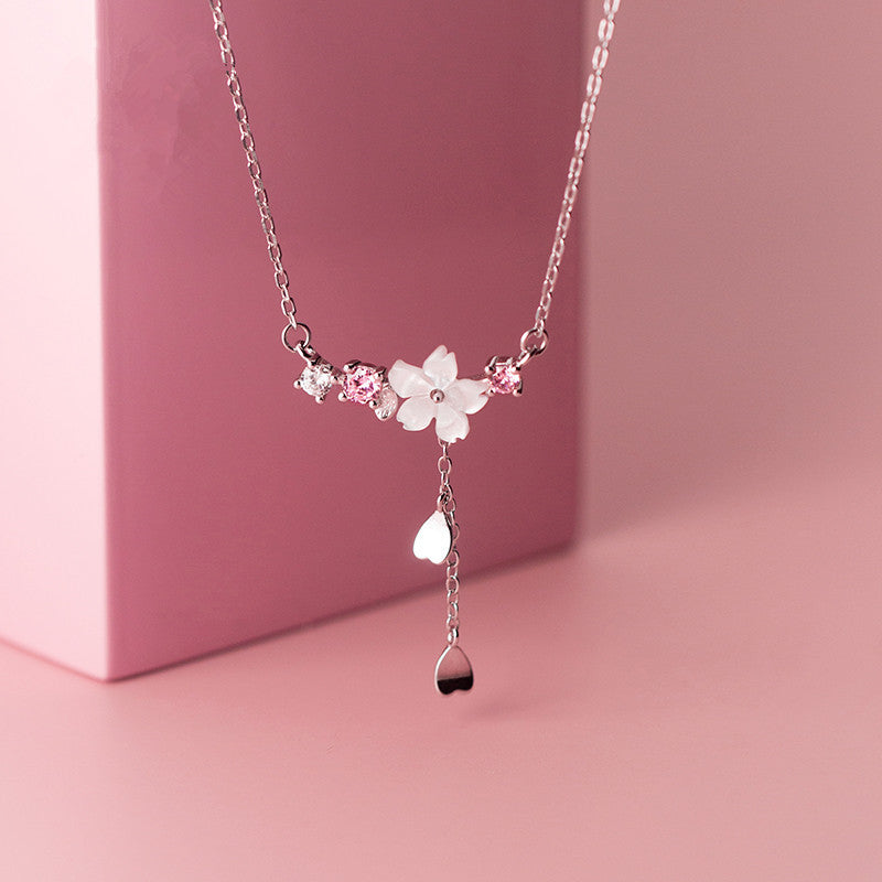 S925 Silver Korean Light Luxury Shell Flower with Love Flower Tassel Diamond Clavicle Chain