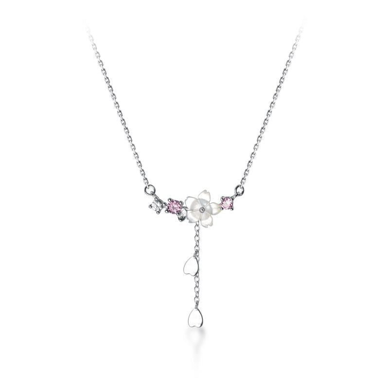 S925 Silver Korean Light Luxury Shell Flower with Love Flower Tassel Diamond Clavicle Chain