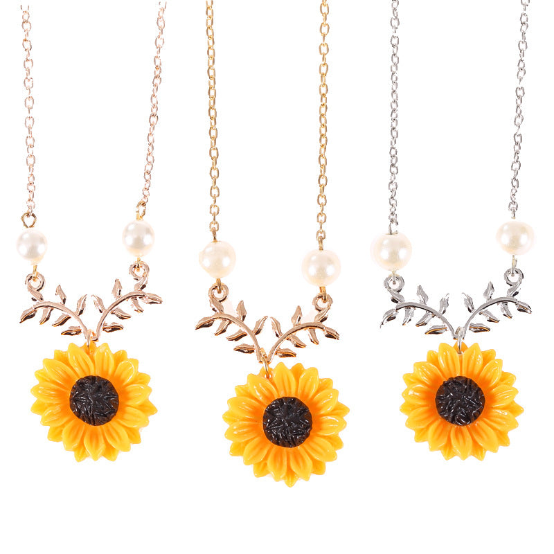 Sunflower pearl and leaf branch pendant necklace