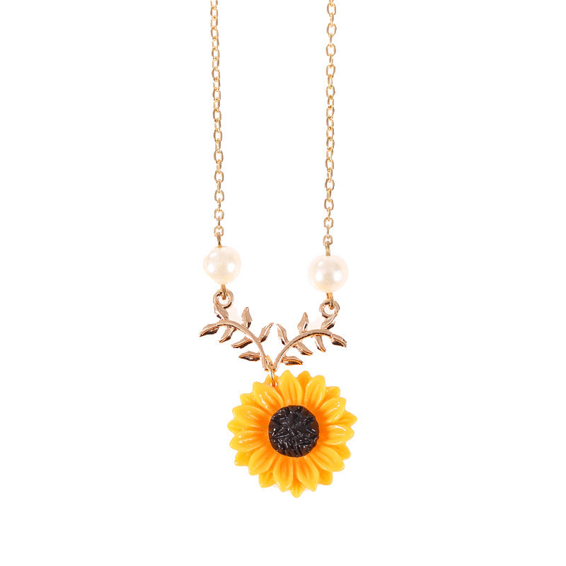 Sunflower pearl and leaf branch pendant necklace