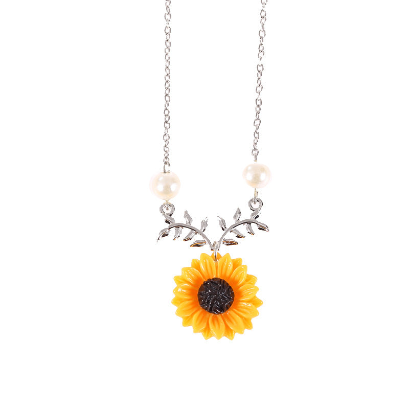 Sunflower pearl and leaf branch pendant necklace