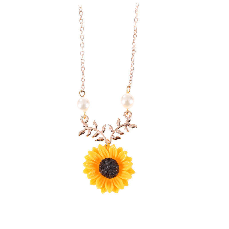 Sunflower pearl and leaf branch pendant necklace