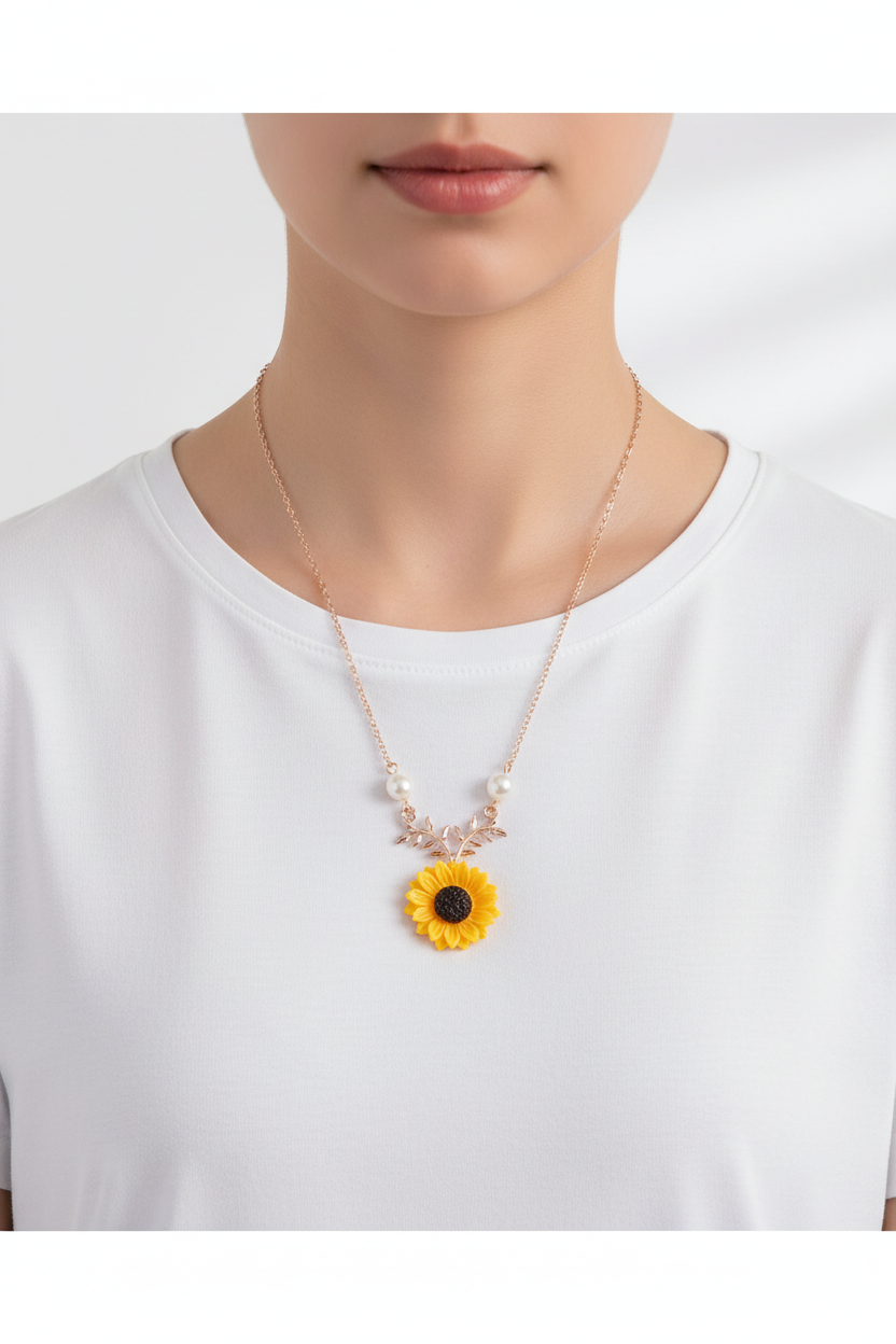 Sunflower pearl and leaf branch pendant necklace