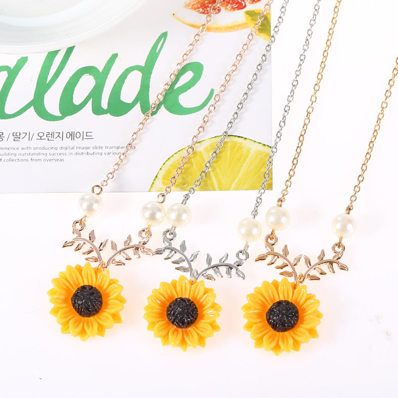 Sunflower pearl and leaf branch pendant necklace