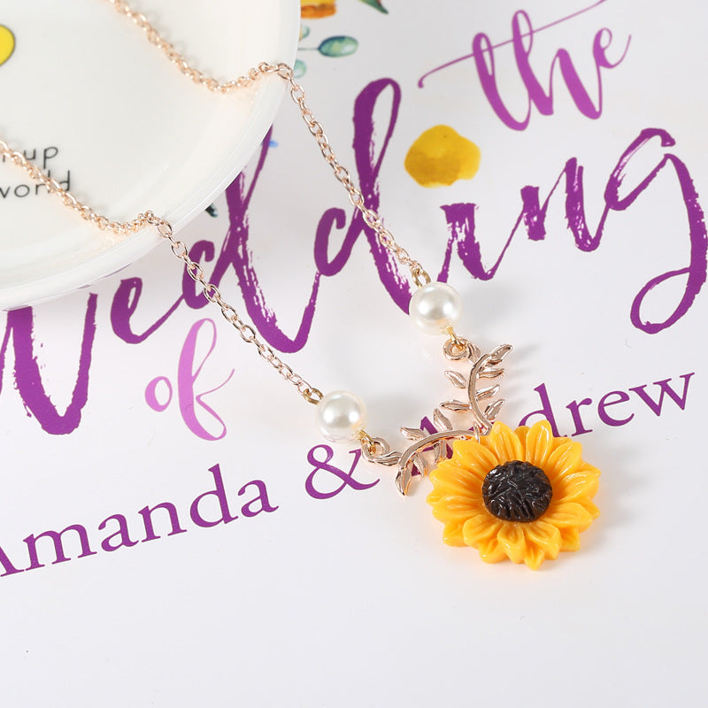 Sunflower pearl and leaf branch pendant necklace