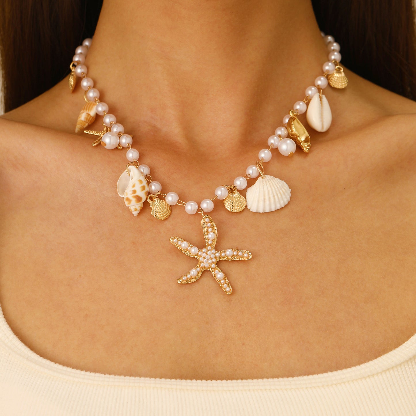 Bohemian summer beach shell clavicle necklace niche seaside imitation pearl starfish conch pendant necklace bracelet