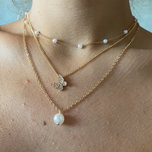 Multi-layer pearl full diamond butterfly necklace