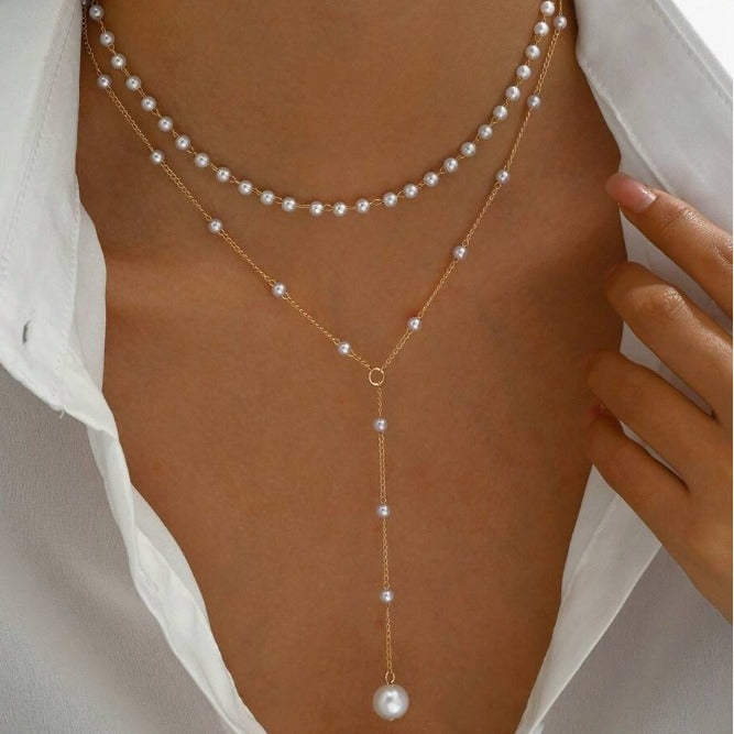Y-shaped pearl tassel stacking clavicle chain necklace