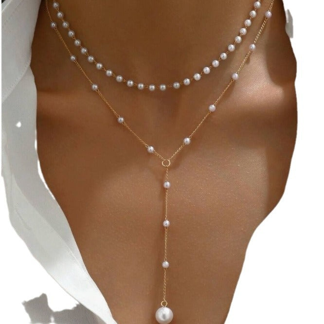 Y-shaped pearl tassel stacking clavicle chain necklace