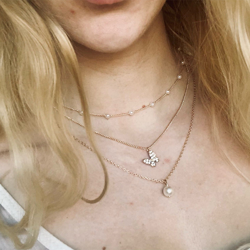 Multi-layer pearl full diamond butterfly necklace