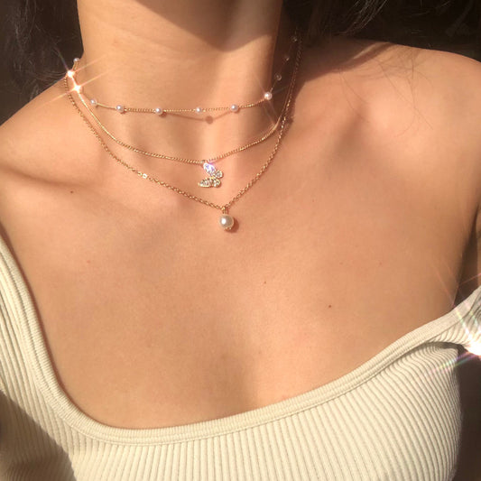 Multi-layer pearl full diamond butterfly necklace